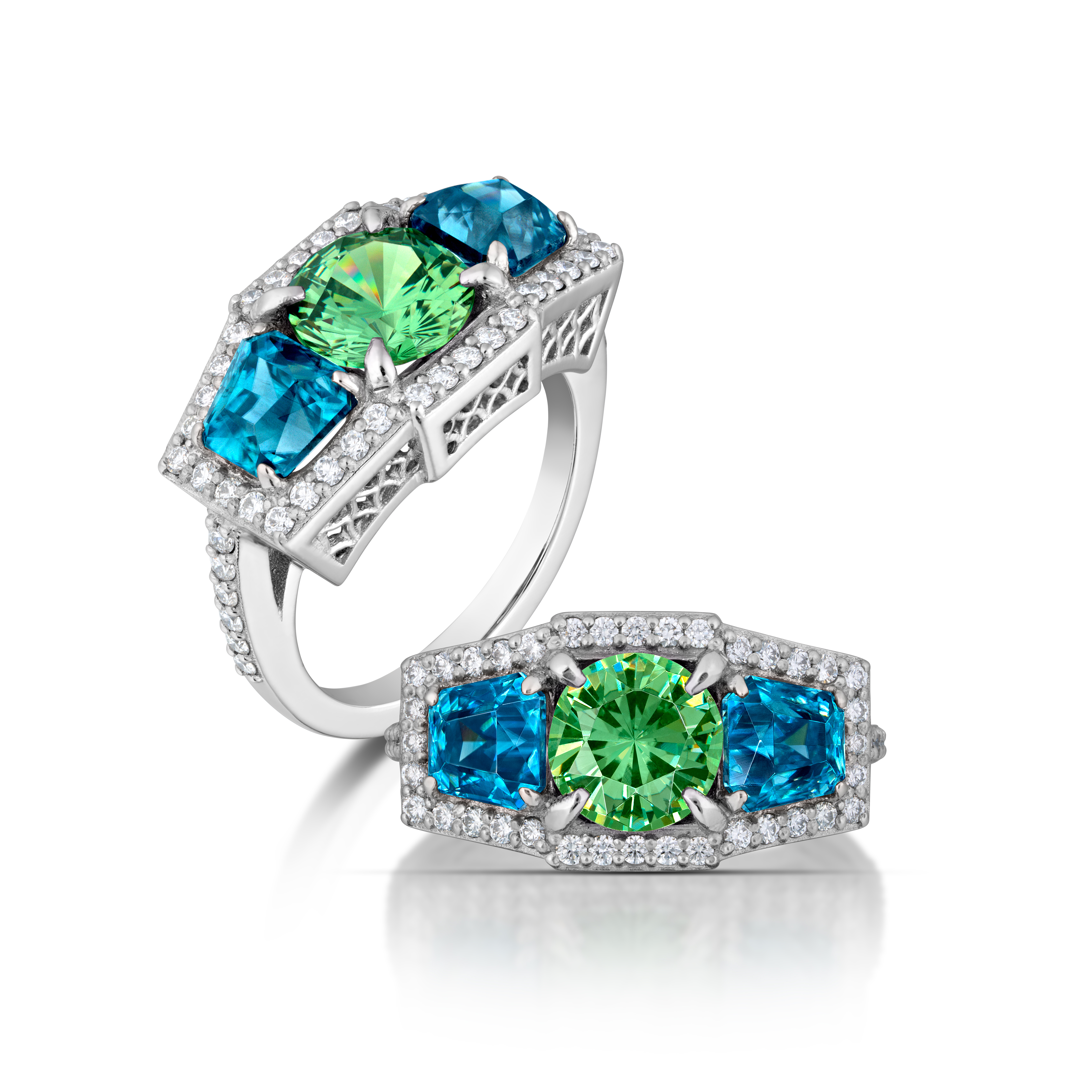 ARIA Demantoid, Blue Zircon & Diamond Ring by Mary van der Aa